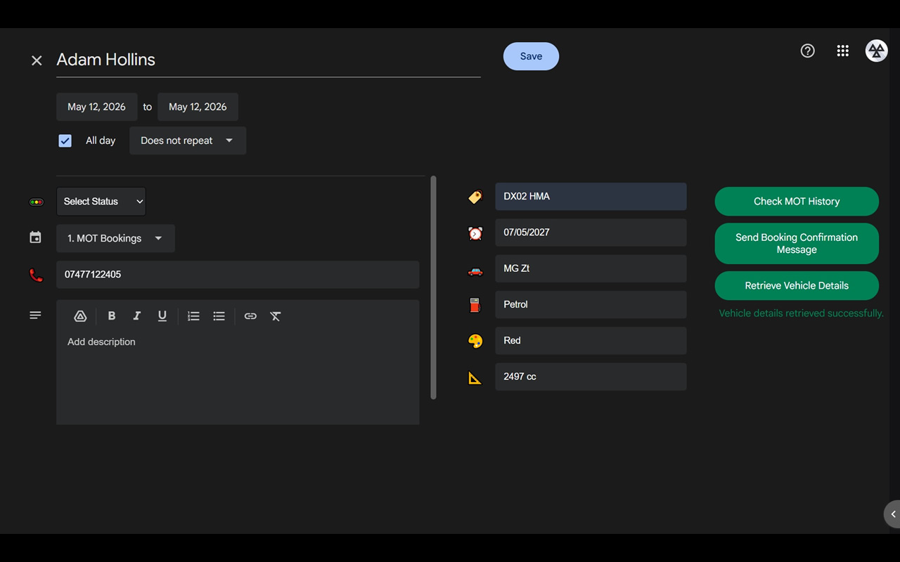 GoCal Garage booking screen showing calendar event details, vehicle fields, and action buttons.