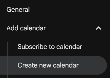 Google Calendar settings menu showing the Create new calendar option.