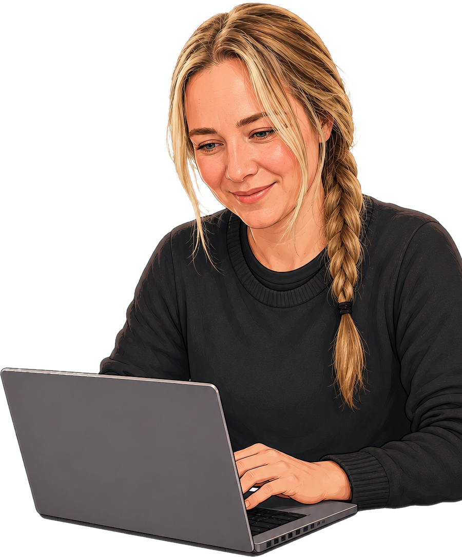 Illustration of a software developer working on a laptop.