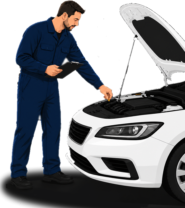 Garage technician inspecting a vehicle with the bonnet open.