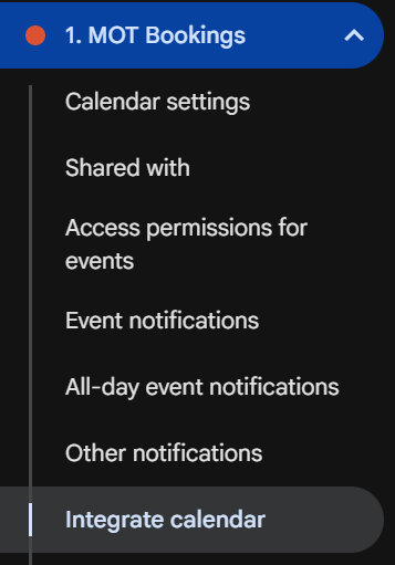Google Calendar settings menu with Integrate calendar selected.