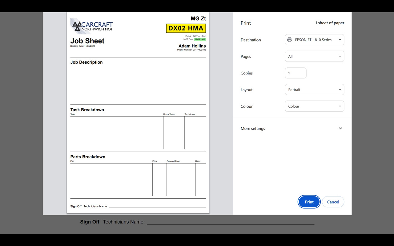 GoCal Garage jobsheet print preview showing a branded workshop job sheet layout.