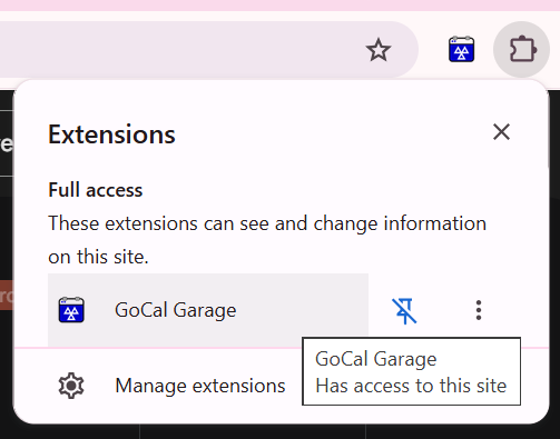 Chrome Extensions menu showing GoCal Garage and its pin control.